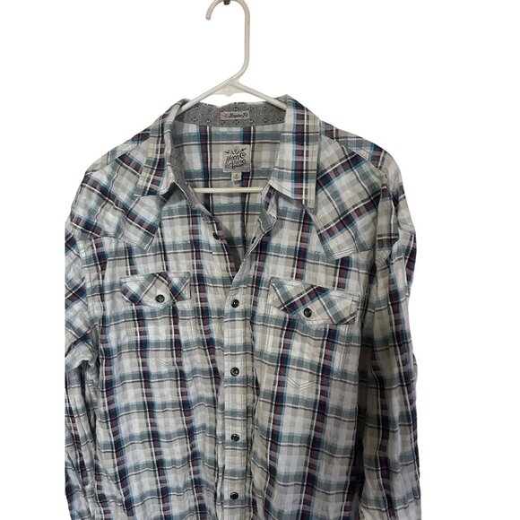 Moon Shine Spirit blue and red plaid snap front western shirt size L - Picture 2 of 7